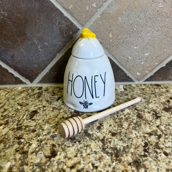 Rae Dunn HONEY Pot w Wooden Dipper Honey Jar Yellow Honey Bee Artisan Collection - Picture 1 of 8